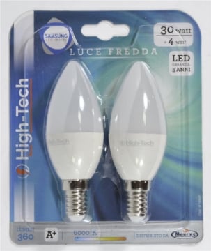 HIGH-TECH SET 2 LAMPADINE LED SAMSUNG OLIVA E14 4W C37 LUCE FREDDA 6000K 360 LUMEN
