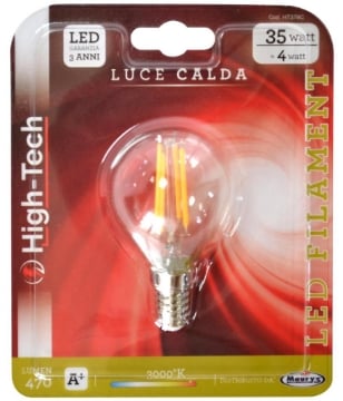 HIGH-TECH LAMPADINA LED SAMSUNG SFERA FILAMENTO E14 4W LUCE CALDA 3000K 470LM