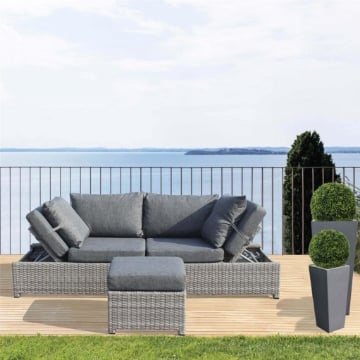 DIVANO ECUADOR DA GIARDINO CON POUF IN WICKER GRIGIO