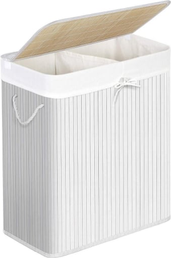 Cesto portabiancheria a 2 scomparti, con 2 ripiani, cesto portabiancheria  estensibile e rimovibile, per borsa da 46 litri, 2 x 46 l, per bagno,  lavanderia, grigio