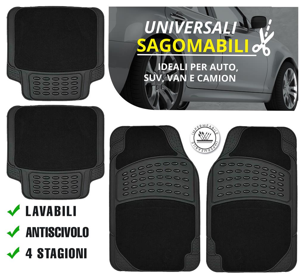 Sakura SS5432 Set Di 4 Tappetini Auto Universali In Gomma - Nero, Antiscivolo, Tagliabili Su Misura