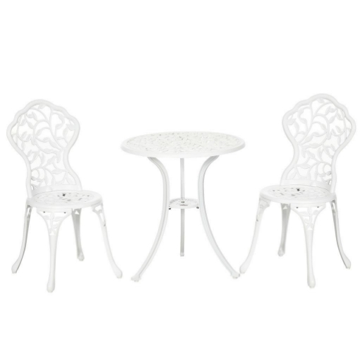 SET DA GIARDINO IN ALLUMINIO BIANCO 2 SEDIE 45X42X85.5 CM E TAVOLINO ROTONDO Ø61X66.5 CM