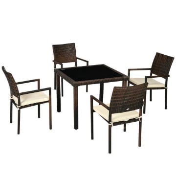 SET DA ESTERNI IN RATTAN PE CON TAVOLO E 4 SEDIE IN COLORE MARRONE