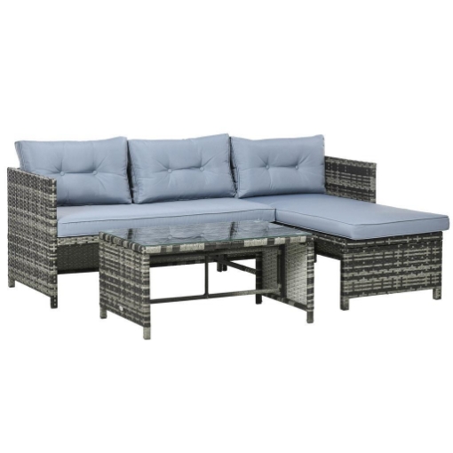 SALOTTO DA GIARDINO CON DIVANETTO CHAISE LONGUE E TAVOLINO IN RATTAN CON CUSCINI GRIGIO