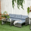 SALOTTO DA GIARDINO CON DIVANETTO CHAISE LONGUE E TAVOLINO IN RATTAN CON CUSCINI GRIGIO