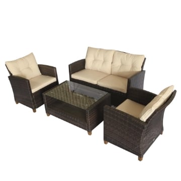 SET 4 PEZZI IN RATTAN PE TAVOLINO DIVANO E POLTRONE MARRONE CON CUSCINI BEIGE