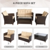 SET 4 PEZZI IN RATTAN PE TAVOLINO DIVANO E POLTRONE MARRONE CON CUSCINI BEIGE