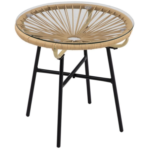 TAVOLINO DA GIARDINO ROTONDO IN RATTAN PE E VETRO Ø50X50CM COLORE BEIGE