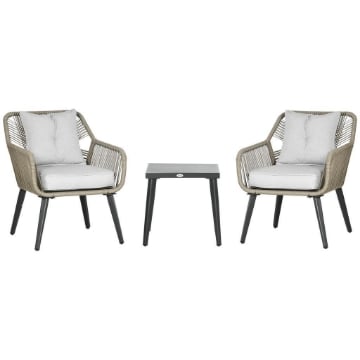 SET DA GIARDINO IN RATTAN E ACCIAIO CON 2 SEDIE MODERNE E 1 TAVOLINO DA CAFFÈ