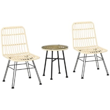 SET DA GIARDINO CON TAVOLINO E DUE SEDIE IN RATTAN COLORE CREMA