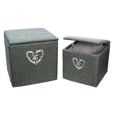 SET 2 POUF QUADRATI CONTENITORI IN TESSUTO CON CUORE DI COLORE GRIGIO