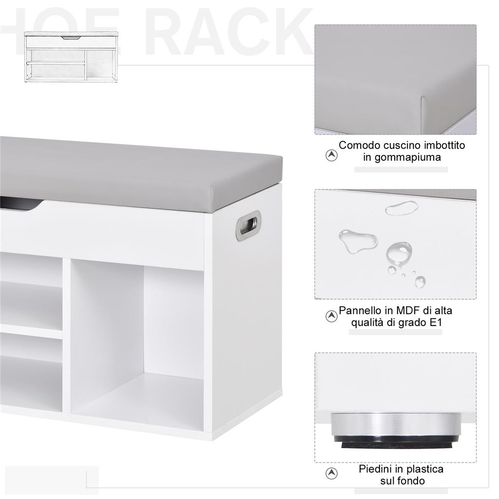 GAOMON Scarpiera Con Panca E Cuscino Imbottito | Contenitore Portaoggetti Sollevabile | Mobile Con 2 Ripiani Per Ingresso, Bianco