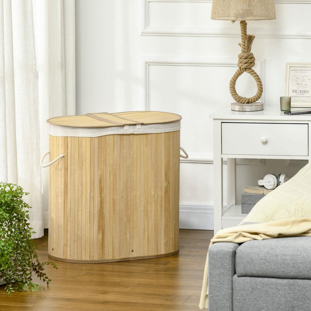 DecHome Portabiancheria in Legno di bambù con Doppio cesto Estraibile e Ripiano a Doghe 63.5x33x73cm