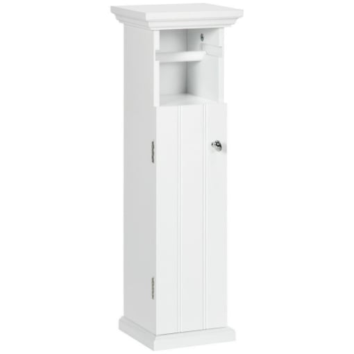 Armadietto da bagno laterale, mobiletto da bagno, bianco, 80 x 20 x 20 cm,  con porta carta igienica, armadietto da bagno autoportante, sottile