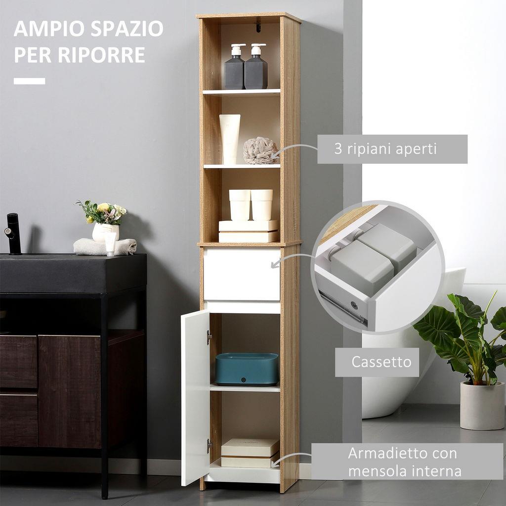 kleankin Mobiletto Bagno Salvaspazio, Mobile Bagno con 2 Ante, 2 Cassetti e Ripiano Regolabile in MDF, 68x33x76cm, Bianco