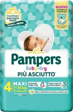 PAMPERS PANNOLINI BABY DRY PIU ASCIUTTO 4 17 PZ MAXI 7-18 KG OKX