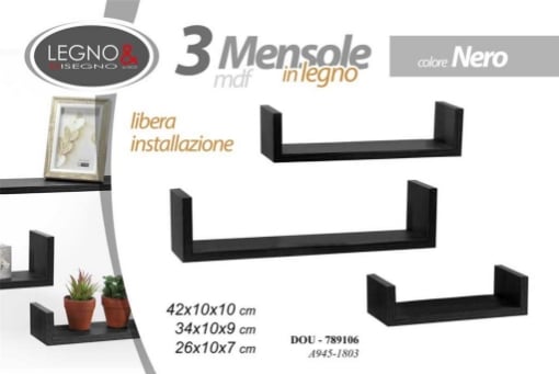 SET 3 MENSOLE QUADRATE IN DIFFERENTI MISURE DI COLORE NERO