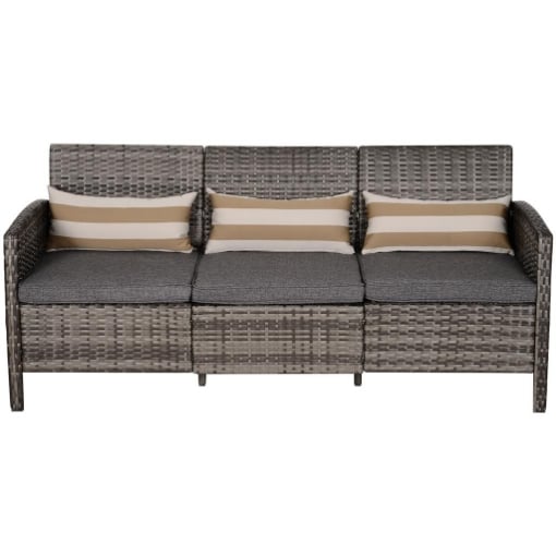DIVANO 3 POSTI DA ESTERNI IN PE RATTAN CON CUSCINI A RIGHE GRIGIO 173X68X78CM
