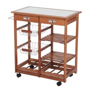 CARRELLO DA CUCINA MULTIUSO IN LEGNO DI PINO CON 4 RUOTE E CASSETTI 74X37X75CM, MARRONE CHIARO