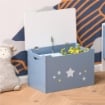 CASSAPANCA BAULE PORTAGIOCHI IN LEGNO BLU E BIANCO PER CAMERETTA BAMBINI