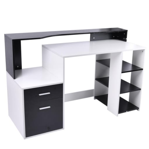 SCRIVANIA MODERNA PER COMPUTER CON RIPIANI IN LEGNO MDF BIANCO E NERO 140X55X92CM