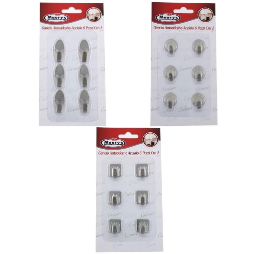 MAURY'S SET 6 GANCI AUTOADESIVI PICCOLI DA 2 CM SILVER IN FORMA ASSORTITA OKX