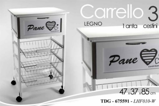 CARRELLO DA CUCINA IN LEGNO CON ANTA E 3 CESTINI 47X37X85CM BIANCO PANE 