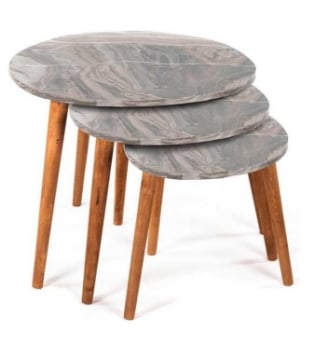 SET 3 TAVOLINI TONDI IN LEGNO CON PIANO EFFETTO MARMO39/44/49 H COLORE BEIGE OKX