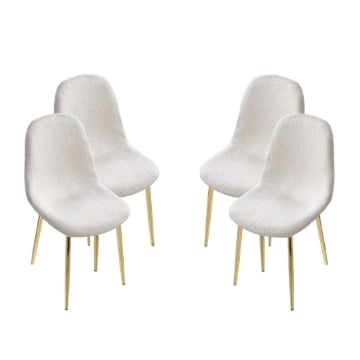 SET DA 4 SEDIE IMBOTTITE TEDDY IN TESSUTO BIANCO CON GAMBE ORO 44X48X88 CM OKX