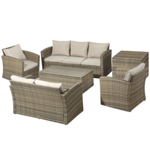 OUTSUNNY SET MOBILI DA GIARDINO 6 PEZZI IN RATTAN CON DIVANI, POLTRONE E TAVOLI CONTENITORE, BEIGE