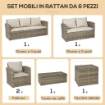 OUTSUNNY SET MOBILI DA GIARDINO 6 PEZZI IN RATTAN CON DIVANI, POLTRONE E TAVOLI CONTENITORE, BEIGE