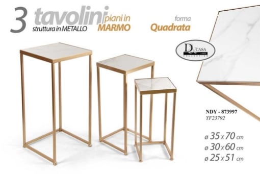 SET 3 TAVOLINI QUADRATI DA ARREDO H70/60/51CM EFFETTO MARMO BIANCO E ORO OKX 