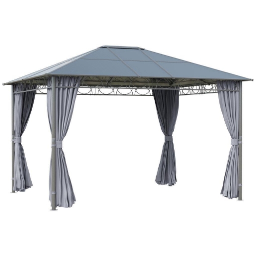 GAZEBO DA GIARDINO 3.6X3M CON TETTO IN POLICARBONATO ANTI UV E TENDE, GRIGIO