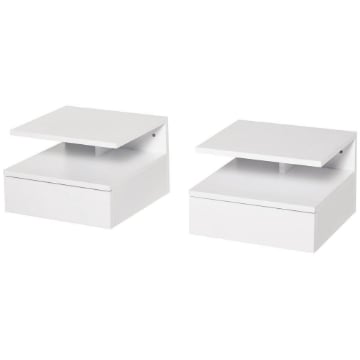 SET DA 2 COMODINI SOSPESI PER CAMERA DA LETTO CON CASSETTO E MENSOLA SUPERIORE IN LEGNO 35X32X22.5CM, BIANCO