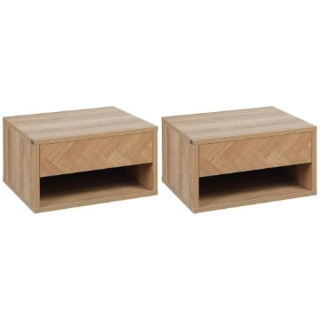 SET 2 COMODINI MODERNI SOSPESI CON CASSETTO E MENSOLA IN LEGNO 37X32X21CM, COLORE NATURALE