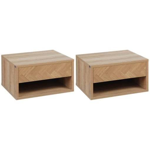 SET 2 COMODINI MODERNI SOSPESI CON CASSETTO E MENSOLA IN LEGNO 37X32X21CM, COLORE NATURALE