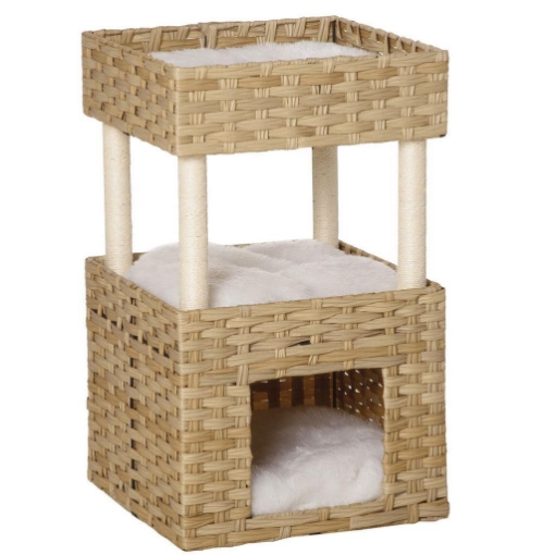 CASETTA PER GATTI A 3 LIVELLI IN RATTAN PE CON CUSCINI LAVABILI IN PELUCHE, 40X40X70CM