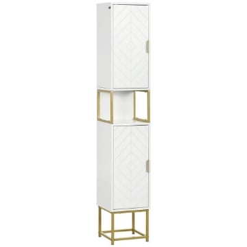 COLONNA BAGNO CON 2 ARMADIETTI E RIPIANO IN MDF E ACCIAIO, 30X30X170.7CM, BIANCO E ORO