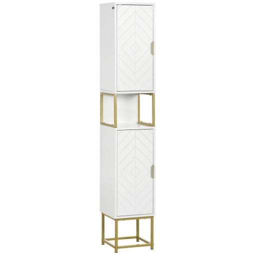 COLONNA BAGNO CON 2 ARMADIETTI E RIPIANO IN MDF E ACCIAIO, 30X30X170.7CM, BIANCO E ORO