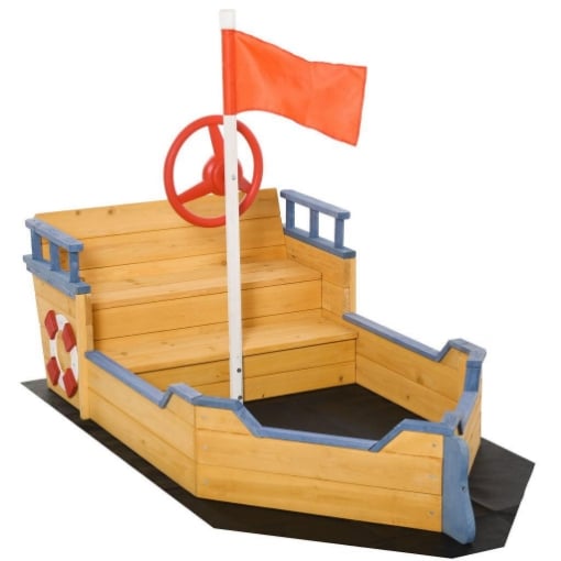 SABBIERA PER BAMBINI IN LEGNO A FORMA DI NAVE PIRATA CON VANO 158X78X45CM