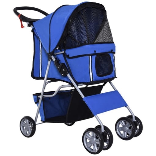 PASSEGGINO PER CANI PIEGHEVOLE IN TESSUTO CON CESTINO E PORTABICCHIERI, 75X45X97CM - BLU