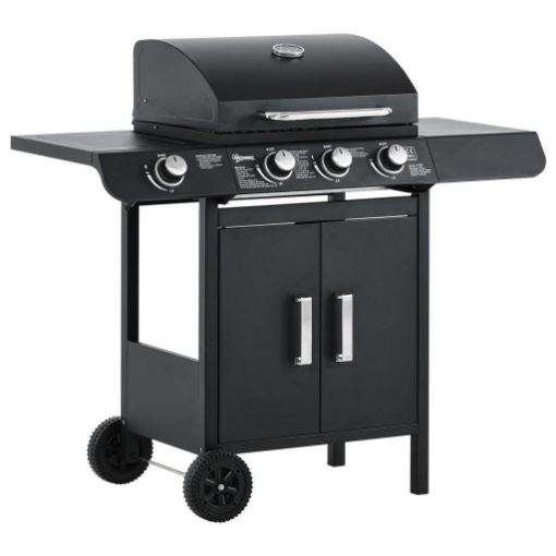BARBECUE A GAS CON COPERCHIO, 4 BRUCIATORI DA 11.6KW, FORNELLO, MENSOLA E 2 RUOTE, 110X50X100 CM NERO