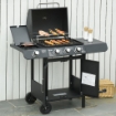 BARBECUE A GAS CON COPERCHIO, 4 BRUCIATORI DA 11.6KW, FORNELLO, MENSOLA E 2 RUOTE, 110X50X100 CM NERO