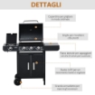 BARBECUE A GAS CON COPERCHIO, 4 BRUCIATORI DA 11.6KW, FORNELLO, MENSOLA E 2 RUOTE, 110X50X100 CM NERO