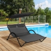 LETTINO PRENDISOLE RECLINABILE A 2 POSTI CON RUOTE, POGGIATESTA IMBOTTITO E TETTO, 200X137X138 CM, GRIGIO