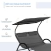LETTINO PRENDISOLE RECLINABILE A 2 POSTI CON RUOTE, POGGIATESTA IMBOTTITO E TETTO, 200X137X138 CM, GRIGIO