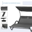 LETTINO PRENDISOLE RECLINABILE A 2 POSTI CON RUOTE, POGGIATESTA IMBOTTITO E TETTO, 200X137X138 CM, GRIGIO