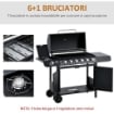 BARBECUE A GAS CON COPERCHIO, 7 BRUCIATORI DA 20KW, FORNELLO LATERALE E 2 RUOTE, 135X50X100CM NERO