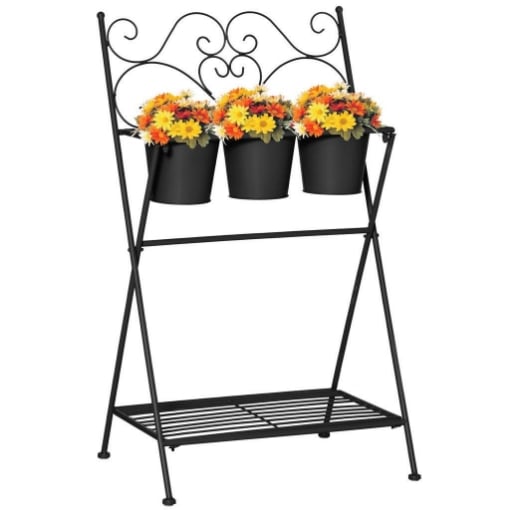 PORTAPIANTE IN METALLO PIEGHEVOLE CON 3 VASI E RIPIANO INFERIORE PER CASA E GIARDINO, 47X37X78.5CM, NERO