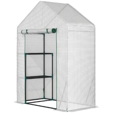 SERRA DA GIARDINO IN PE E ACCIAIO PER ESTERNI CON 2 SCAFFALI E PORTA AVVOLGIBILE, 143X73X195 CM, BIANCO